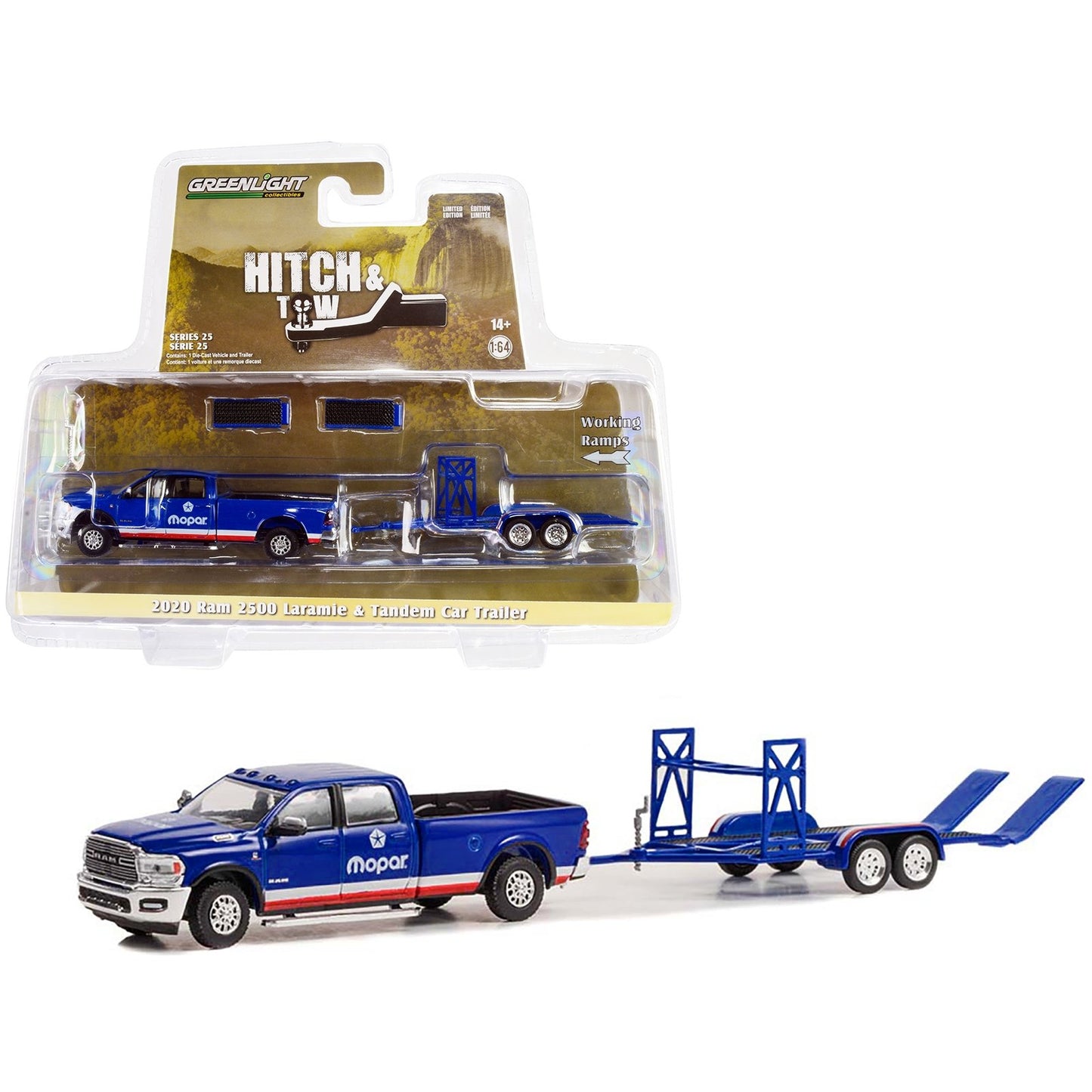 Dodge Ram 2500 (Laramie & Tandem Car Trailer With Working Ramps 2020) in Blue/White/Red