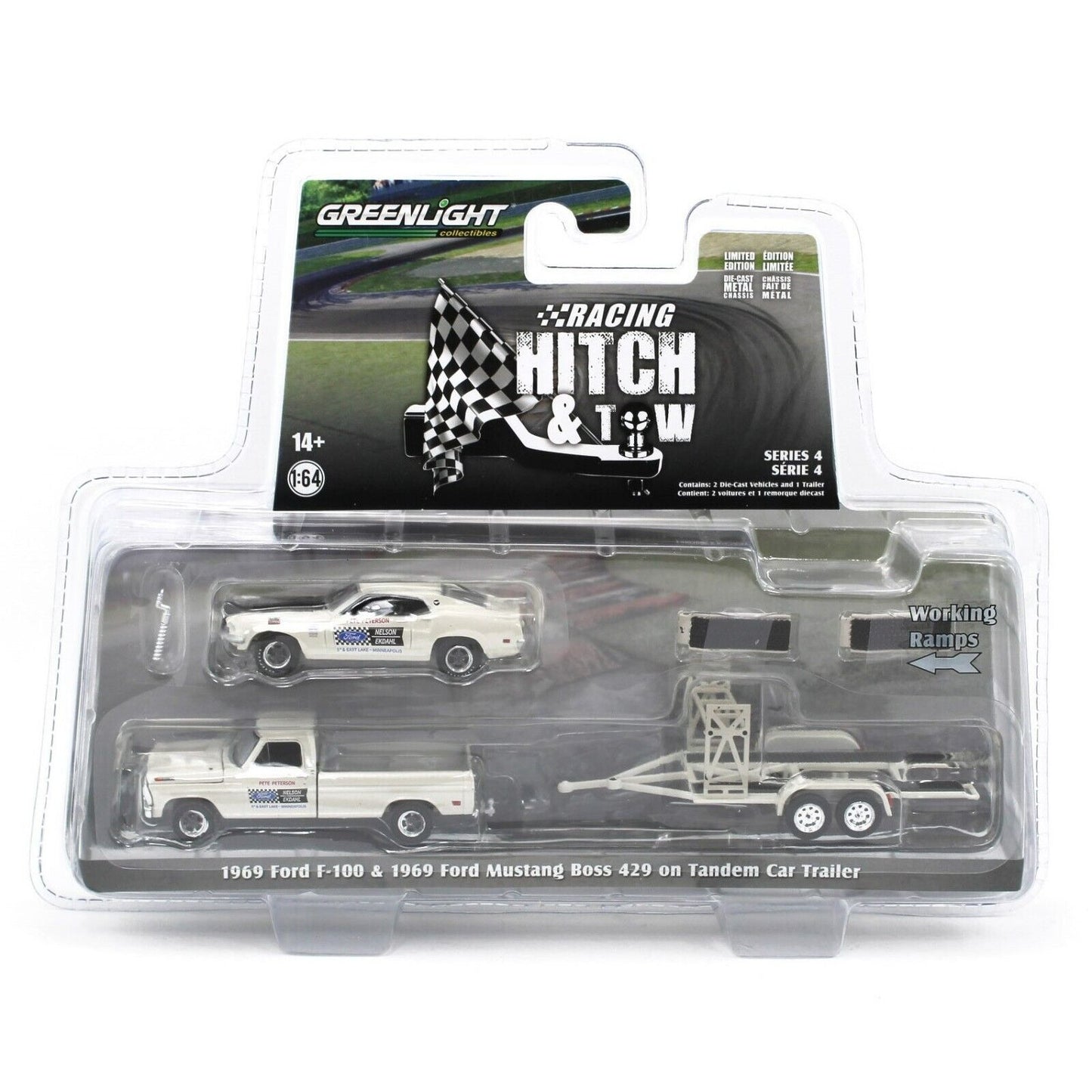 Ford F100 and Mustang with Car Trailer (Racing Hitch and Tow Series 4) in Cream